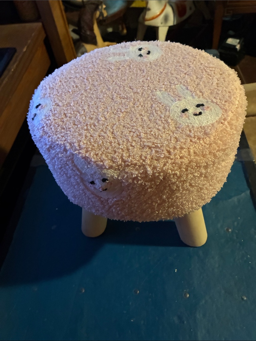 Pink Bunny Fuzzy Chenille Material with 3 Wooden Legs Accent Stool